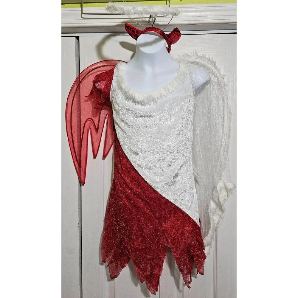Heavenly Devil Costume Naughty Nice Angel Dress Wings Halo Tail Halloween Girls